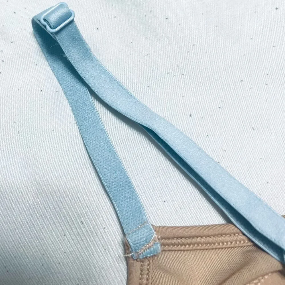 Fabletics Makayla Bra Low Impact Cinch Front Tan With Blue Straps Size L NWT